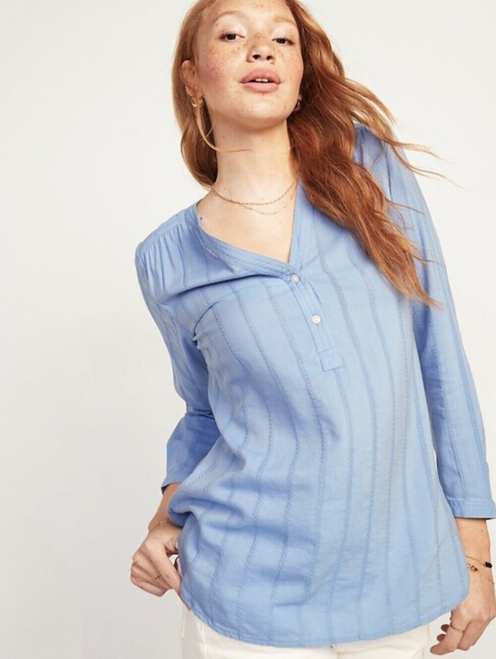 Old Navy Textured Dobby-Stripe Split-Neck Tunic Top Blue L Boho Casual Coastal